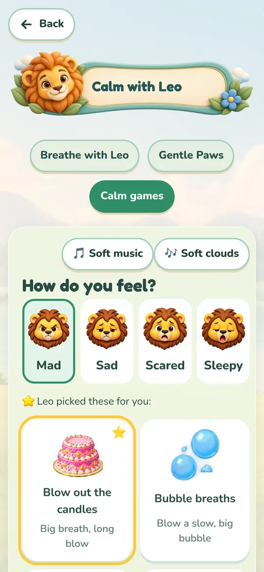 Calm games screen asking how do you feel