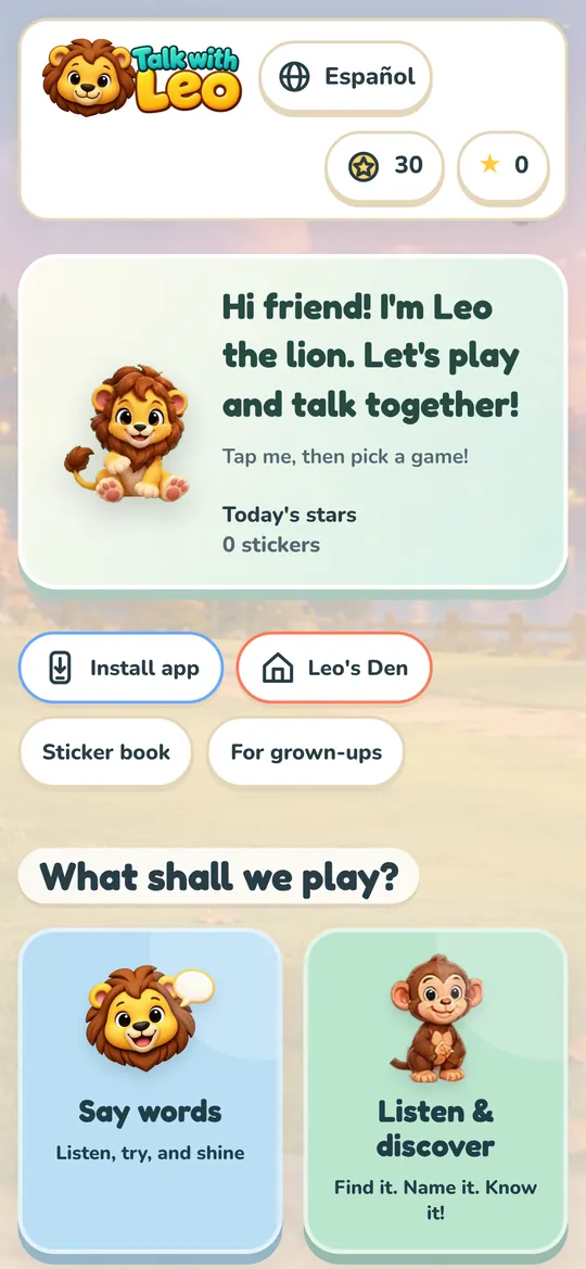 Main menu with Leo and the game tiles